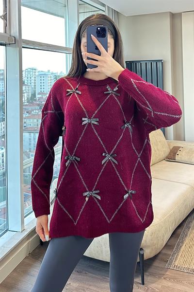MELOA KURDELALI TRİKO KAZAK-Bordo 