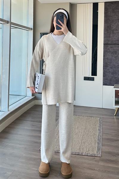 MİREL BAĞLAMALI TRİKO TAKIM-Ekru