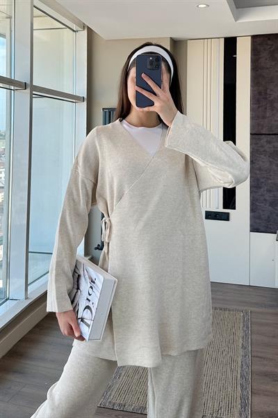 MİREL BAĞLAMALI TRİKO TAKIM-Ekru