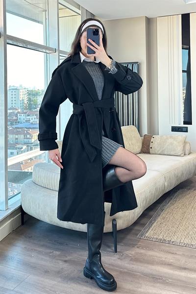 NORA KUŞAKLI KAŞE KABAN-Siyah