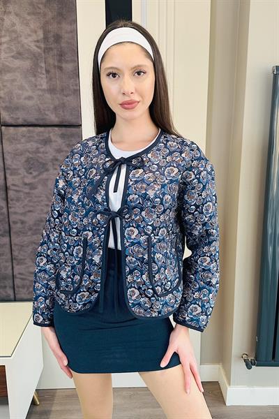 NUVE BAĞLAMALI DESENLİ KİMONO CEKET-Mavi