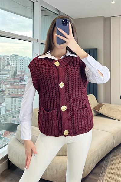 ORVA GOLD DÜĞMELİ ÖRGÜ YELEK-Bordo 