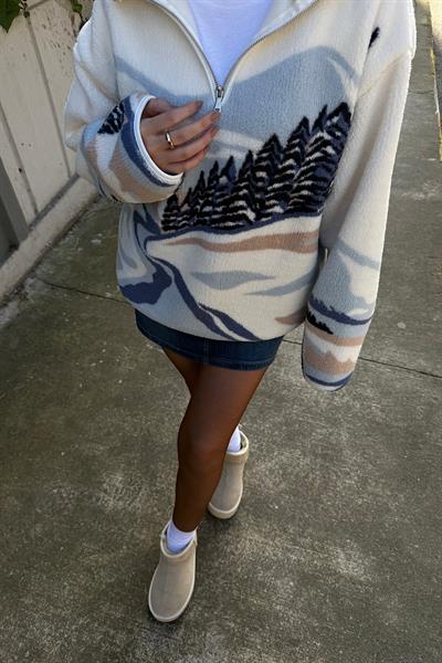 OYSHO FERMUARLI DESENLİ POLAR SWEAT-beyaz 