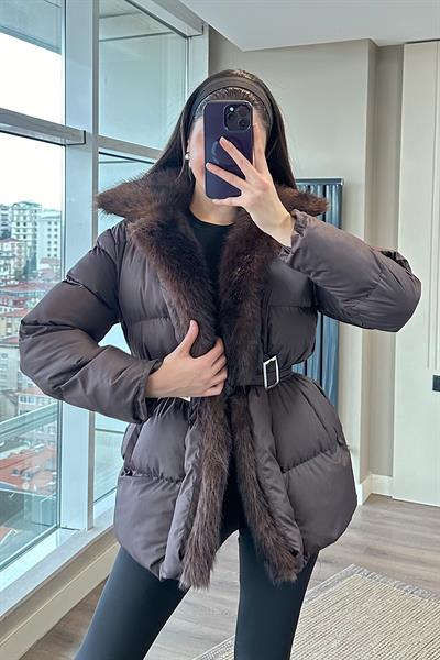 RAVENA KÜRK DETAY ŞİŞME MONT-Kahve