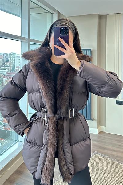 RAVENA KÜRK DETAY ŞİŞME MONT-Kahve