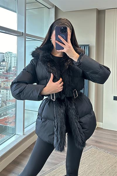 RAVENA KÜRK DETAY ŞİŞME MONT-Siyah