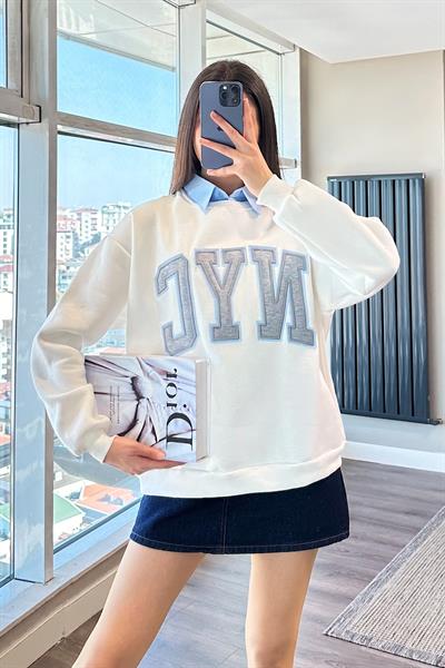 RAYN GÖMLEK YAKA ŞARDONLU SWEAT-Beyaz