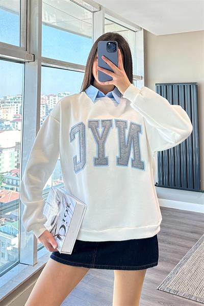 RAYN GÖMLEK YAKA ŞARDONLU SWEAT-Beyaz