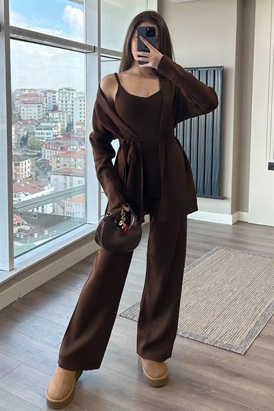 ÜÇLÜ TRİKO TAKIM-Kahve 