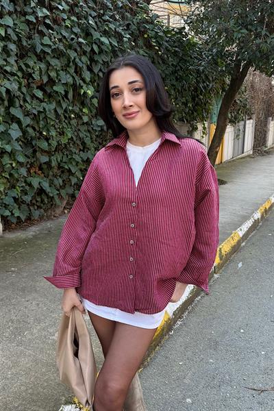 V YAKA ÇİZGİLİ GÖMLEK-bordo