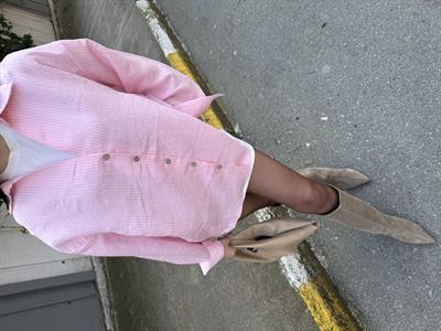 V YAKA ÇİZGİLİ GÖMLEK-Pembe 
