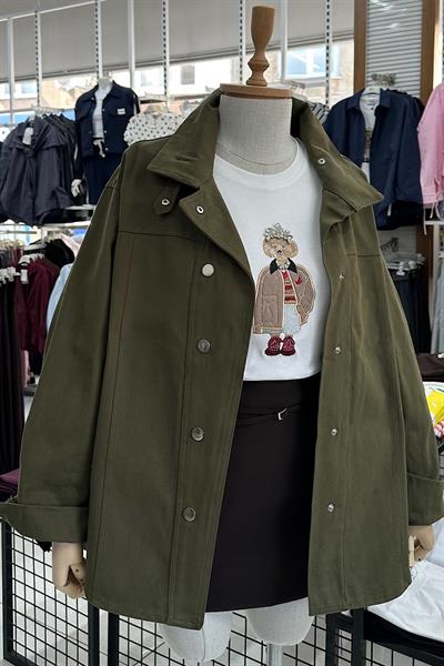 YAKALI OVERSİZE GABARDİN CEKET-Yeşil