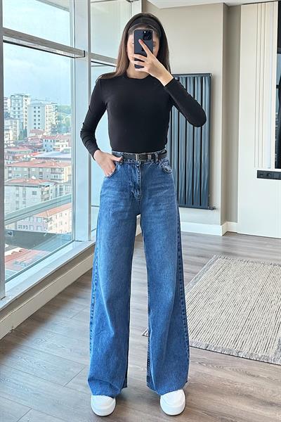 YÜKSEK BEL PAÇASI KESİK PALAZZO PANTOLON-Mavi kot