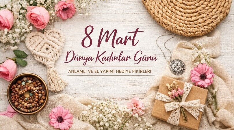 8 Mart Dünya Kadınlar Günü için el yapımı hediye fikirlerini temsil eden dekoratif ürünler ve çiçeklerle hazırlanmış blog kapak görseli