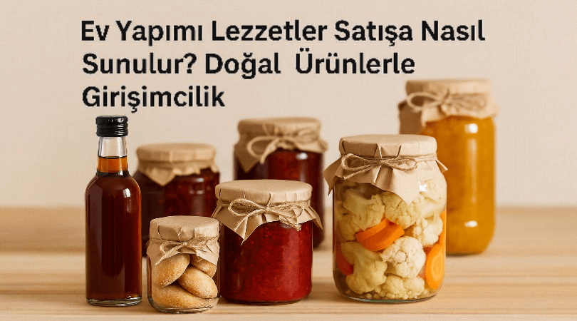 Ev yapımı doğal ürünlerin satışı için hazırlanmış reçel, kurabiye ve cam kavanozlar