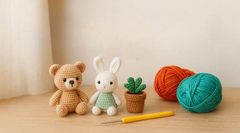 Masa üzerinde el yapımı amigurumi oyuncaklar, tavşan, ayıcık, bebek ve farklı hayvan figürleri, yanında tığ ve renkli iplerle birlikte