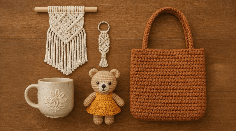 Makrome duvar süsü, el yapımı seramik kupa, amigurumi oyuncak ayı, örgü çanta ve makrome anahtarlık içeren el emeği ürünlerden oluşan hobi üretim konsepti.