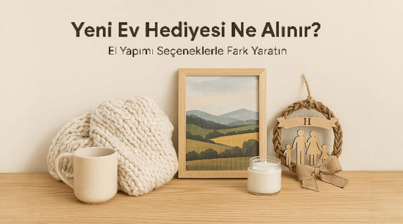 Yeni ev hediyesi için sunulan el yapımı dekoratif ürünler ve kişiye özel kapı süsü - doğal, sıcak bir ev atmosferi yansıtan görsel.