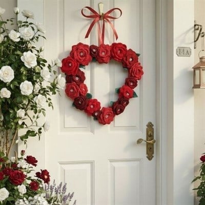 El Yapımı Kalp Formlu Gül Kapı Süsü – Kırmızı Çiçekli Dekoratif Kapı & Duvar Süsü 27x27 cm