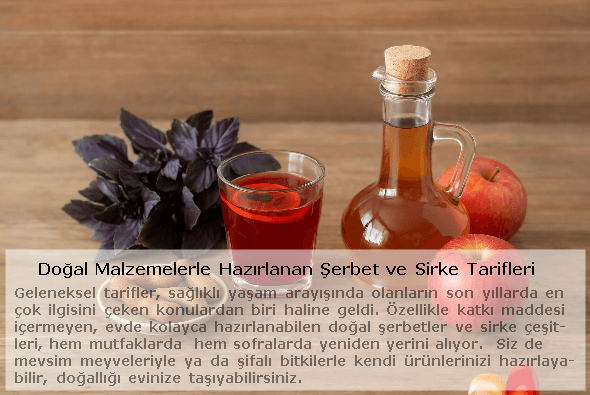 Blog - Doğal elma sirkesi, reyhan ve demirhindi şerbeti ile birlikte taze elma ve şifalı bitkilerin yer aldığı ev yapımı içeçekler görseli