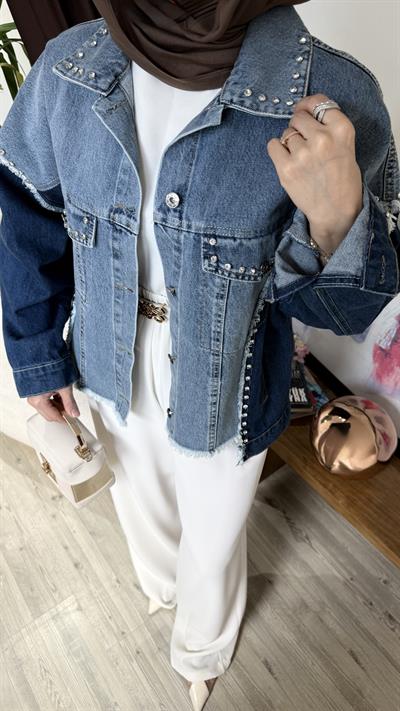 Çift Renkli Taşlı Tasarım Denim Ceket