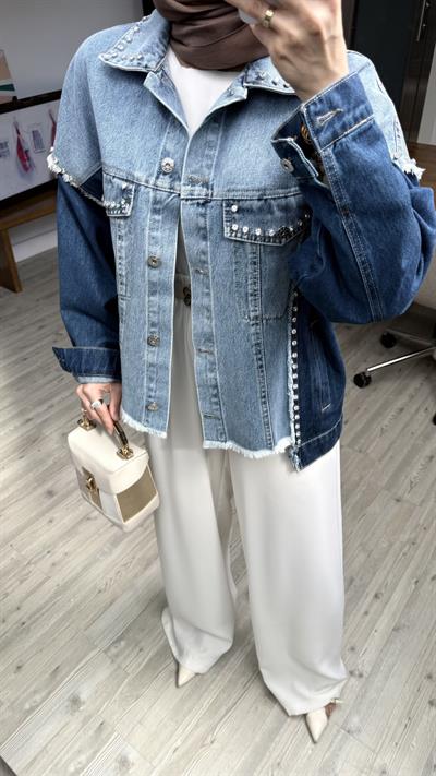 Çift Renkli Taşlı Tasarım Denim Ceket