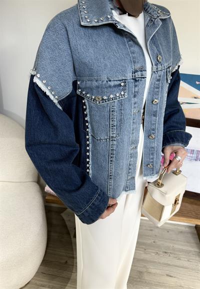 Çift Renkli Taşlı Tasarım Denim Ceket