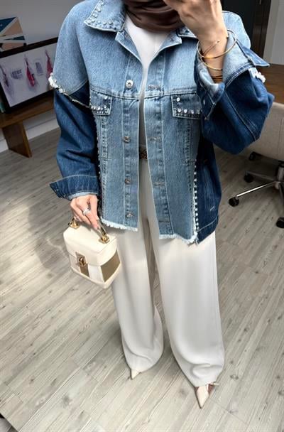 Çift Renkli Taşlı Tasarım Denim Ceket