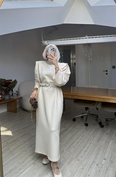 Diana Kemerli Puf Elbise Krem