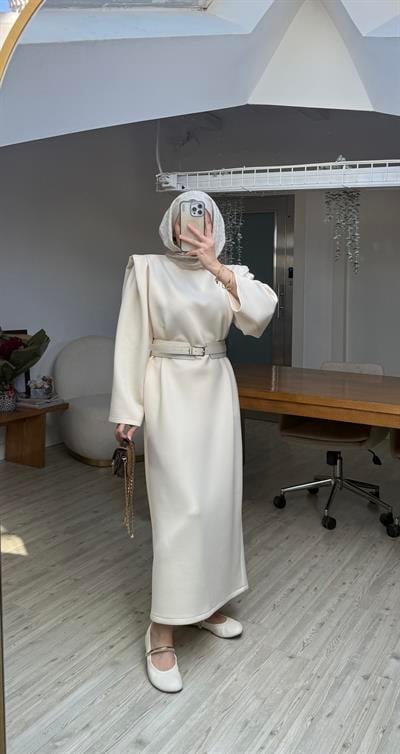 Diana Kemerli Puf Elbise Krem