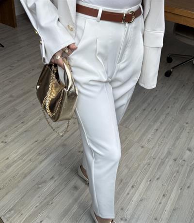 Zara Kemerli Basic Pantolon-Beyaz