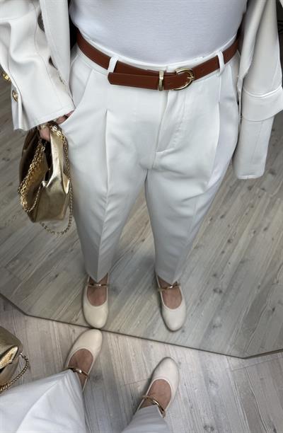 Zara Kemerli Basic Pantolon-Beyaz