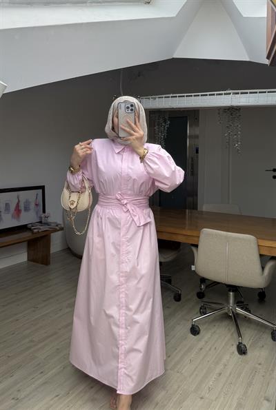 Labella Poplin Kuşaklı Elbise- Pembe