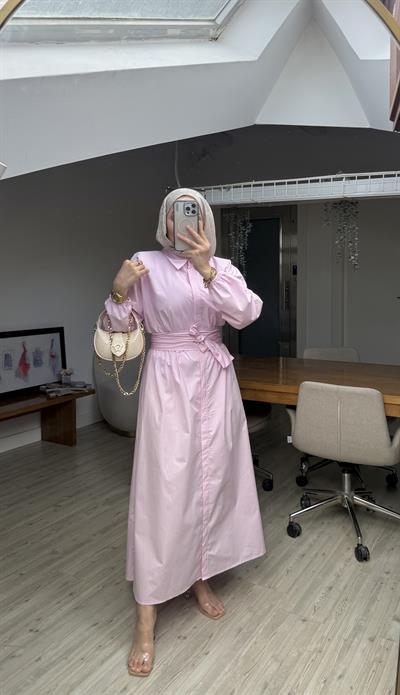 Labella Poplin Kuşaklı Elbise- Pembe