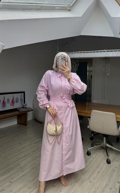 Labella Poplin Kuşaklı Elbise- Pembe