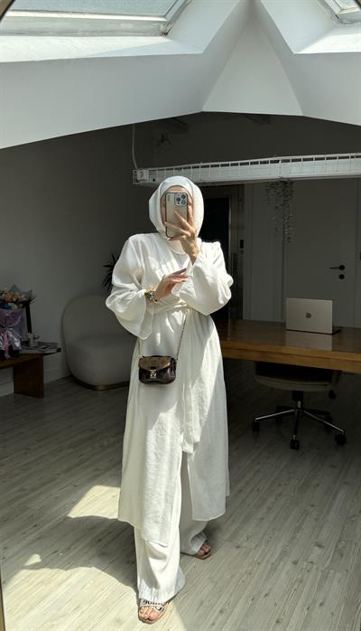 Pera İkili Tensel Kimono Takım - Beyaz 