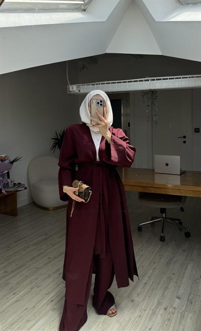 Pera İkili Tensel Kimono Takım - Bordo