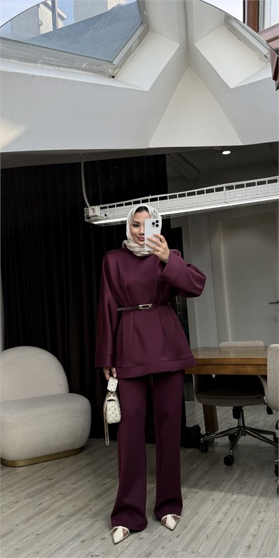 Puf Kemerli Tasarım Takım-Bordo