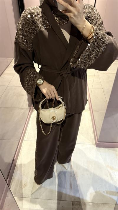 Pullu File Detaylı Tasarım Kimono Takım -Kahverengi