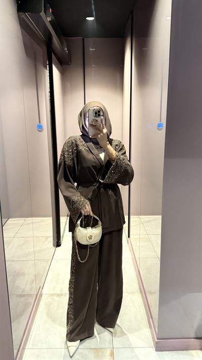 Pullu File Detaylı Tasarım Kimono Takım -Kahverengi