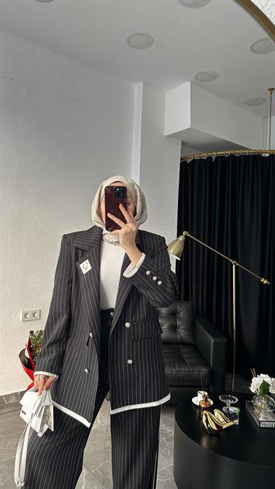 Tasarım Çizgili Kruvaze Model Takım/Siyah