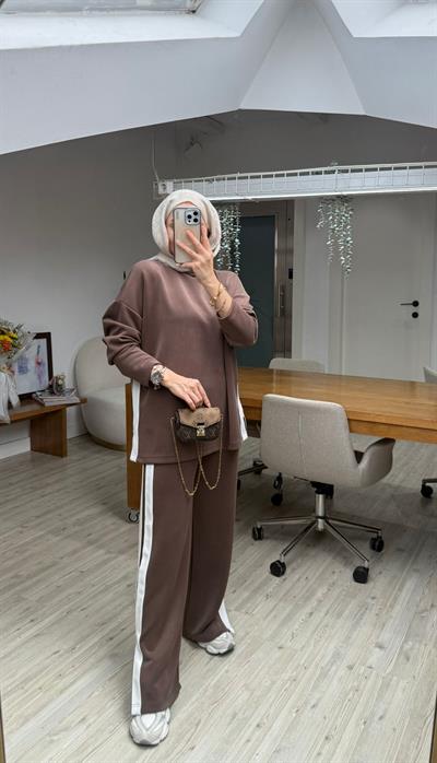 Yan Şeritli Oysh Modal Takım Kahverengi