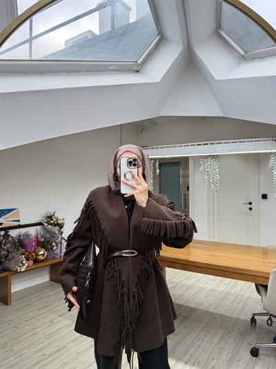 Yeni Helen Saçaklı Kaban Ceket - Acı Kahve