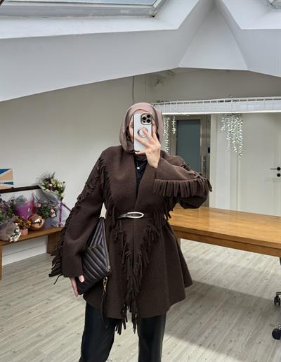 Yeni Helen Saçaklı Kaban Ceket - Acı Kahve