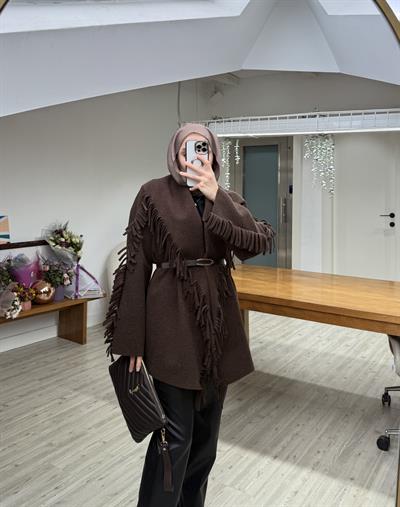 Yeni Helen Saçaklı Kaban Ceket - Acı Kahve