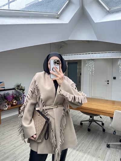 Yeni Helen Saçaklı Kaban Ceket - Bej