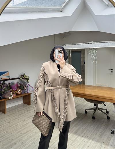 Yeni Helen Saçaklı Kaban Ceket - Bej