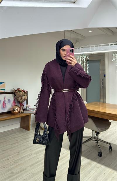 Yeni Helen Saçaklı Kaban Ceket - Mürdüm