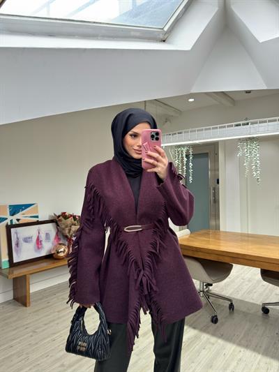 Yeni Helen Saçaklı Kaban Ceket - Mürdüm