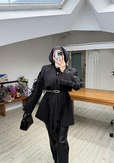 Yeni Helen Saçaklı Kaban Ceket - Siyah